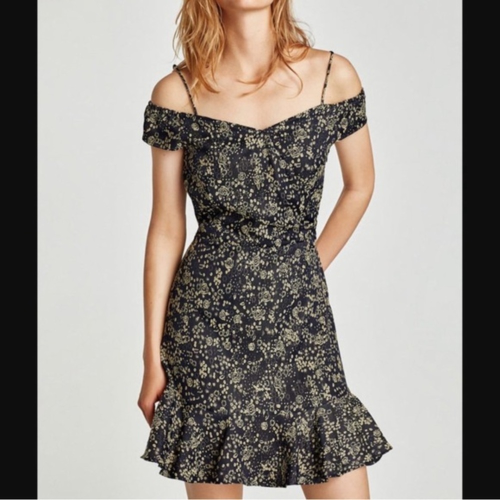 Blue Tan Floral Off-the-Shoulder Mini Dress XS NEW